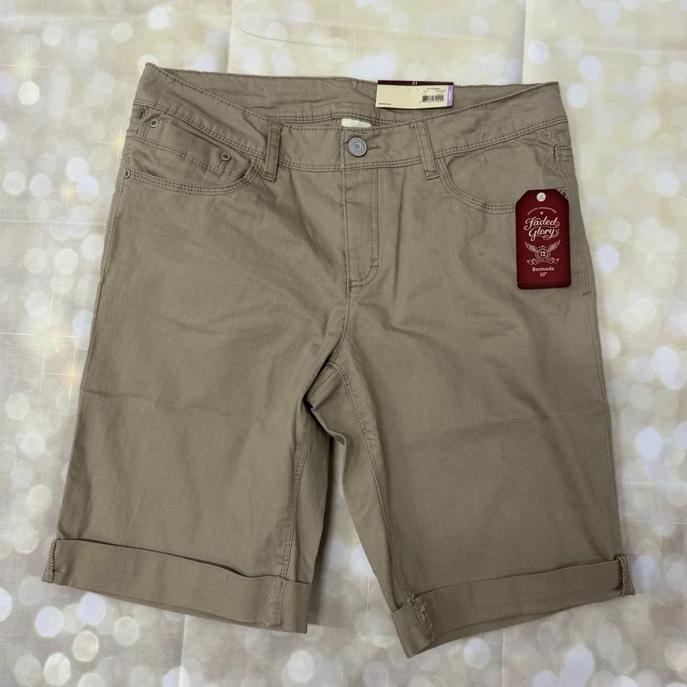 Faded Glory Khaki Shorts Size 12 10" Length Cotton Stretch Cuffed Beige Pockets - Picture 1 of 9